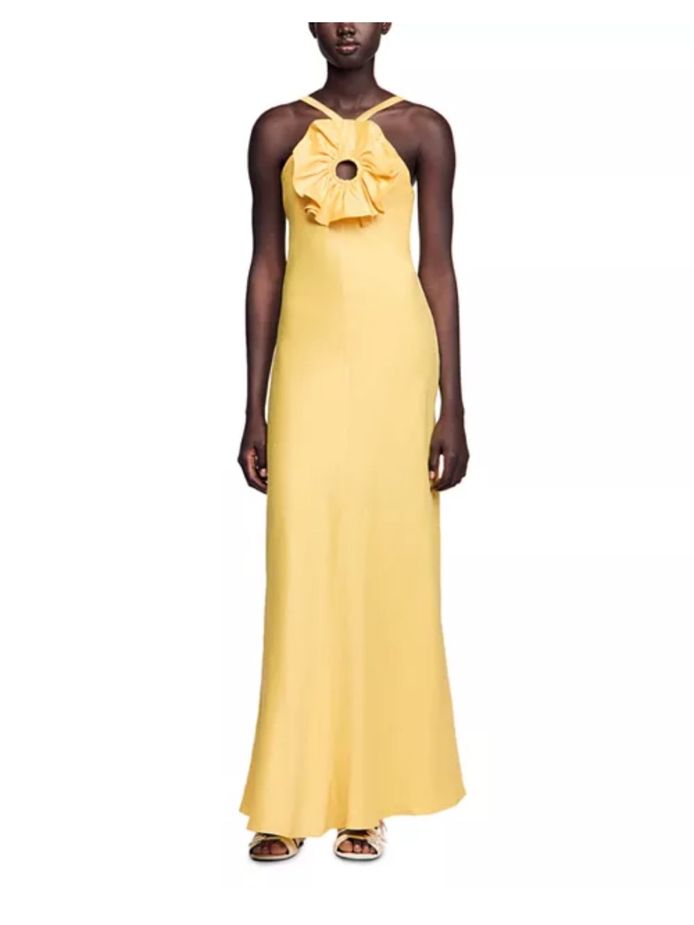Yellow Halter Maxi Dress with Front Ruffle Detail